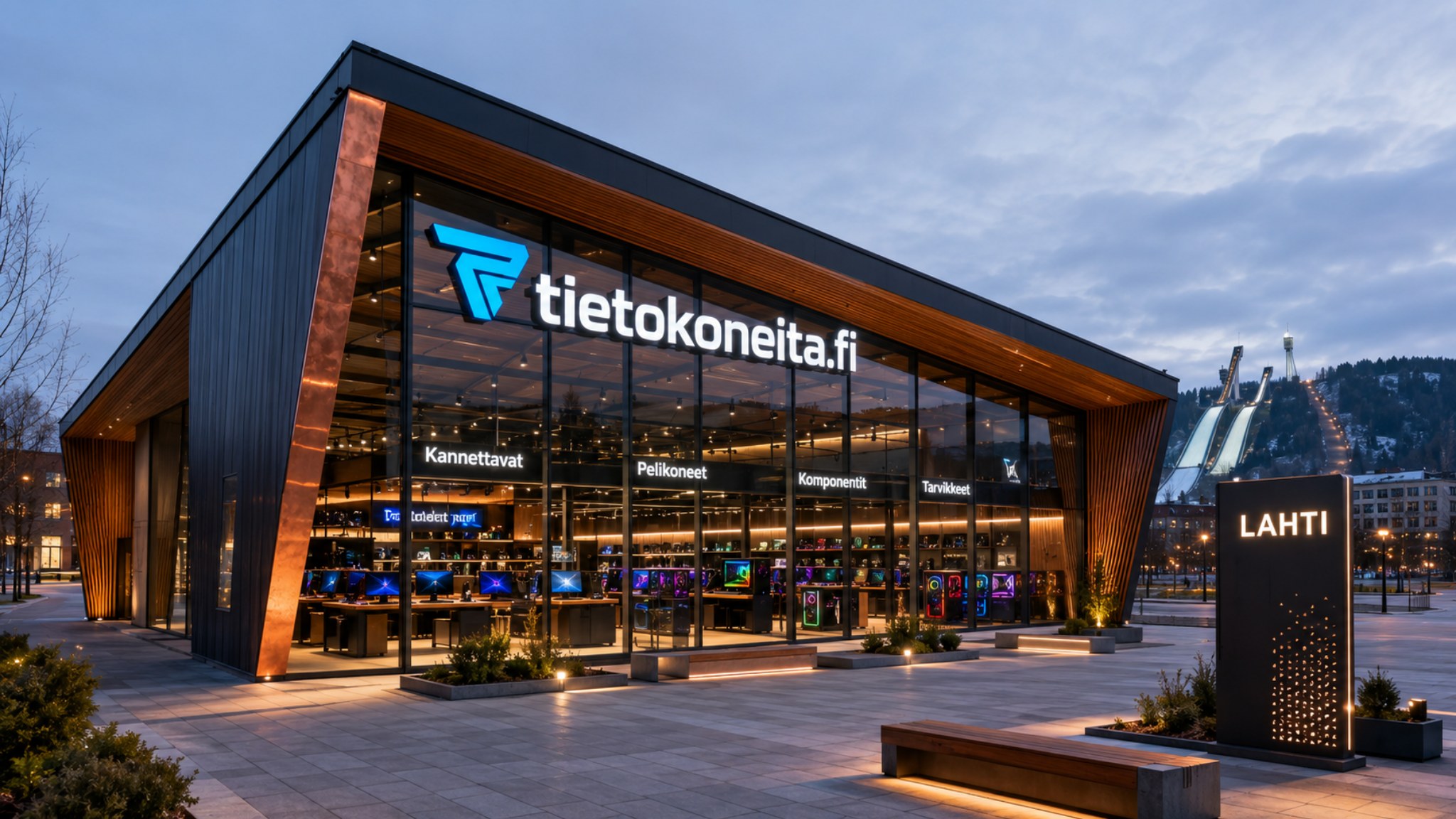 Moderni tietokonekaupan kuvitus käytetyistä kannettavista tietokoneista Lahdessa